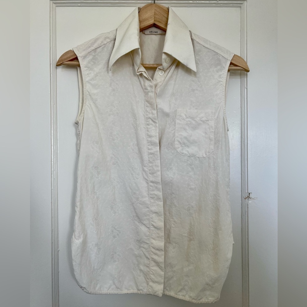 Old Céline by Phoebe Philo White Silk Collared Sleeveless Blouse - Lace Print